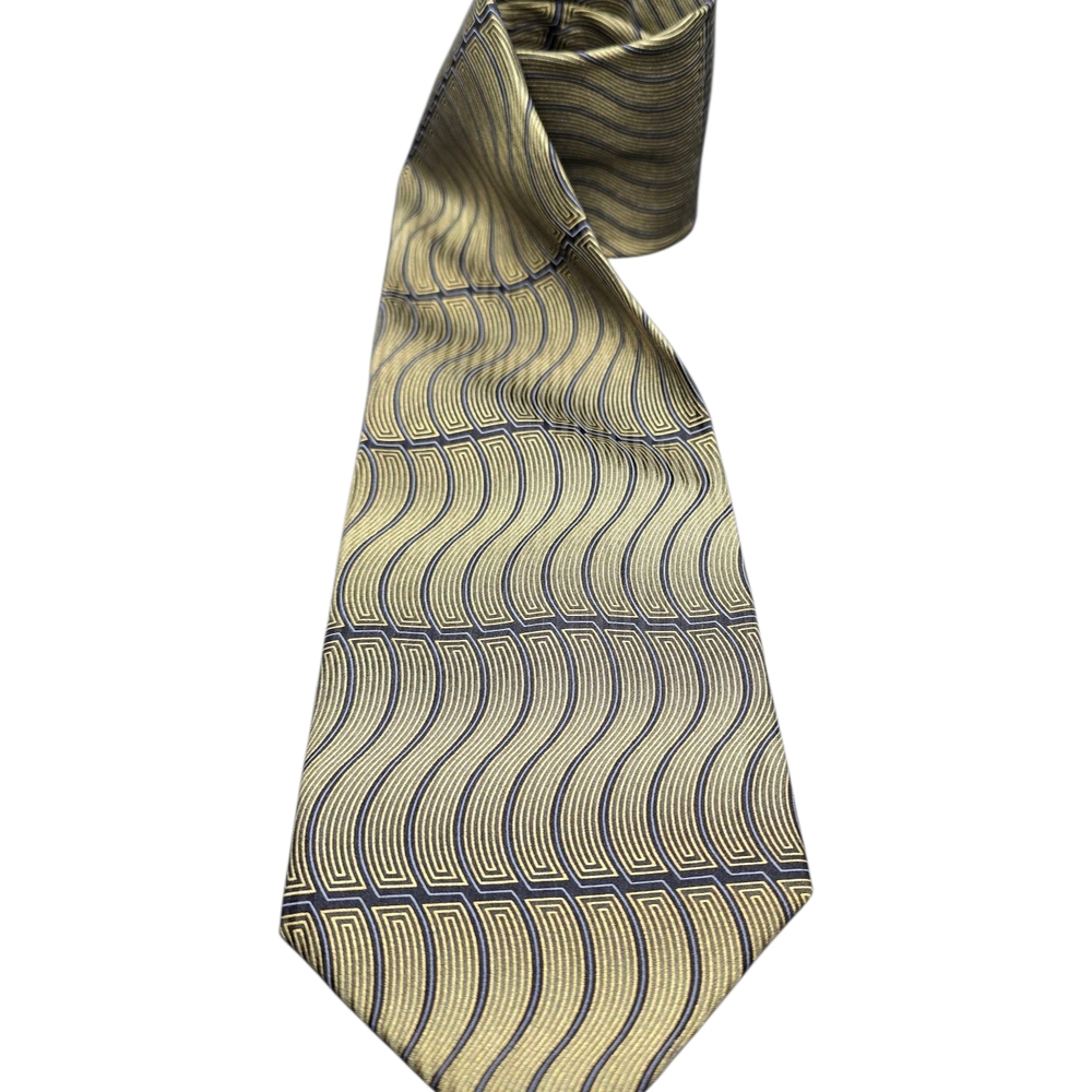 Pre-Owned Mens Haggar Collections Silk Necktie Tie Gold & Black Geometric Design